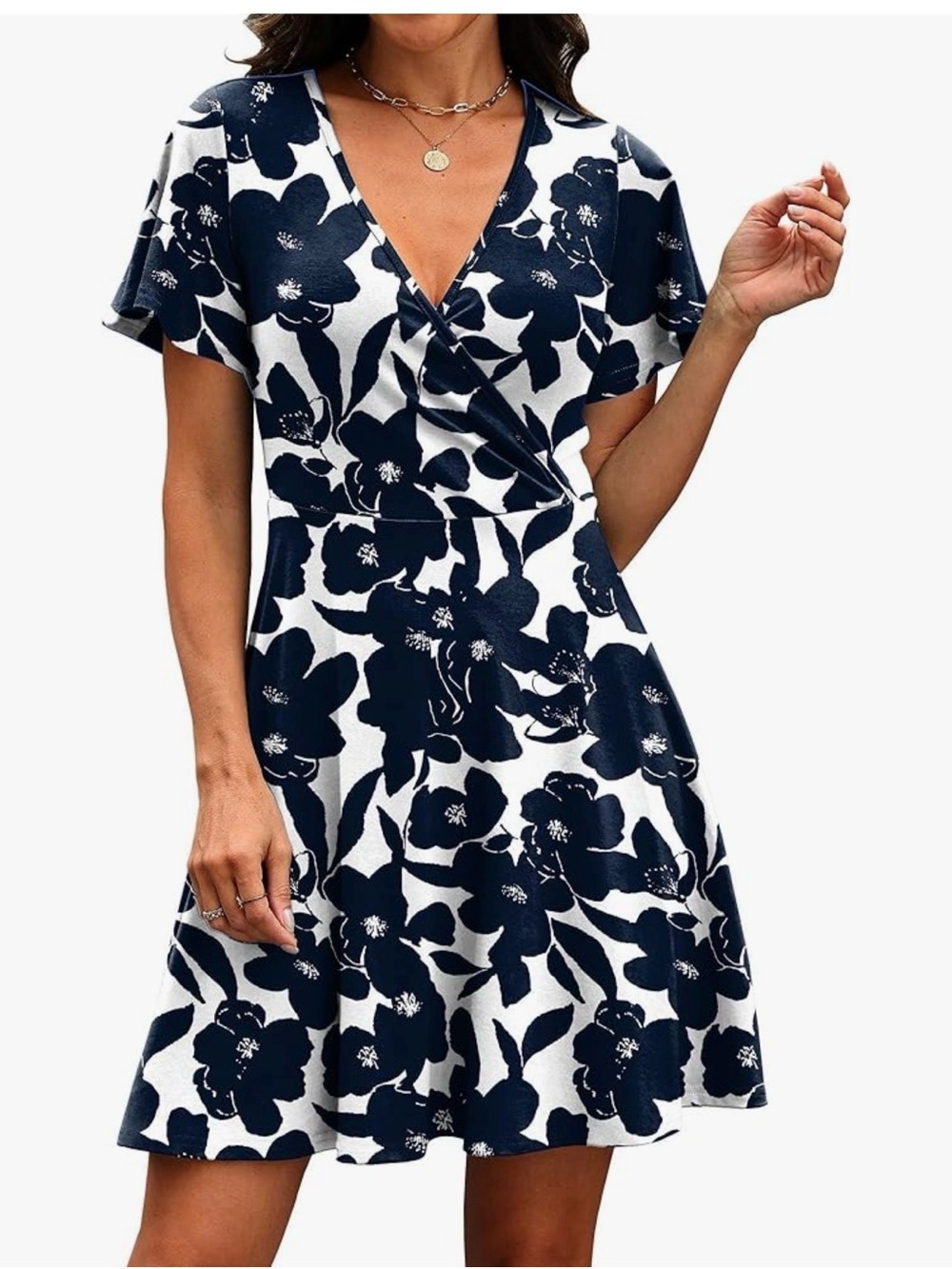 Rumia Navy and White Floral Faux Wrap Mini Dress - Size Medium